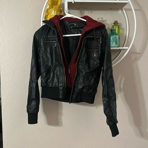 Faux Leather Jacket with Maroon Hood